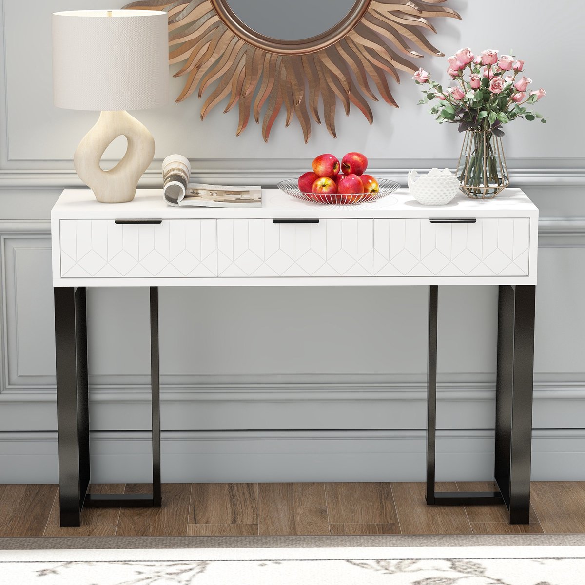 Wishdor - Consoletafel - Met Laden En Geometrisch Front - Modern - Voor Woonkamer Of Hal - MDF - Zwart Wit