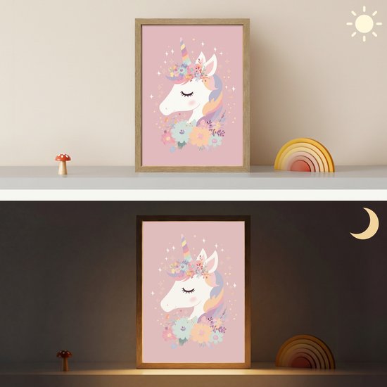 Nachtlampje 30x40 cm - Kinder lamp - Eenhoorn - Roze - Bloemen - Tafellamp kinderkamer draadloos - Slaapkamer lampje - Bedlamp kinderen - Kinderlampje - Wandlamp babykamer - Nachtlampjes van OnlyWow — afbeelding 4