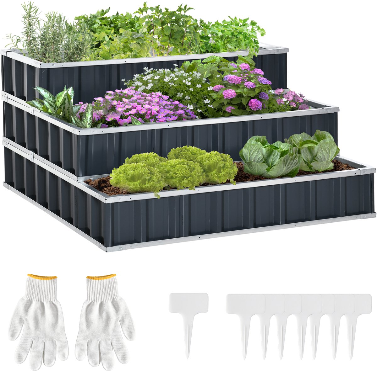 Killogood Stalen verhoogde bak 3-laags tuinbed met T-vormige plantenlabels handschoenen plantbed kruidenbed bloementrap voor balkon tuin donkergrijs 118 x 118 x 62 cm