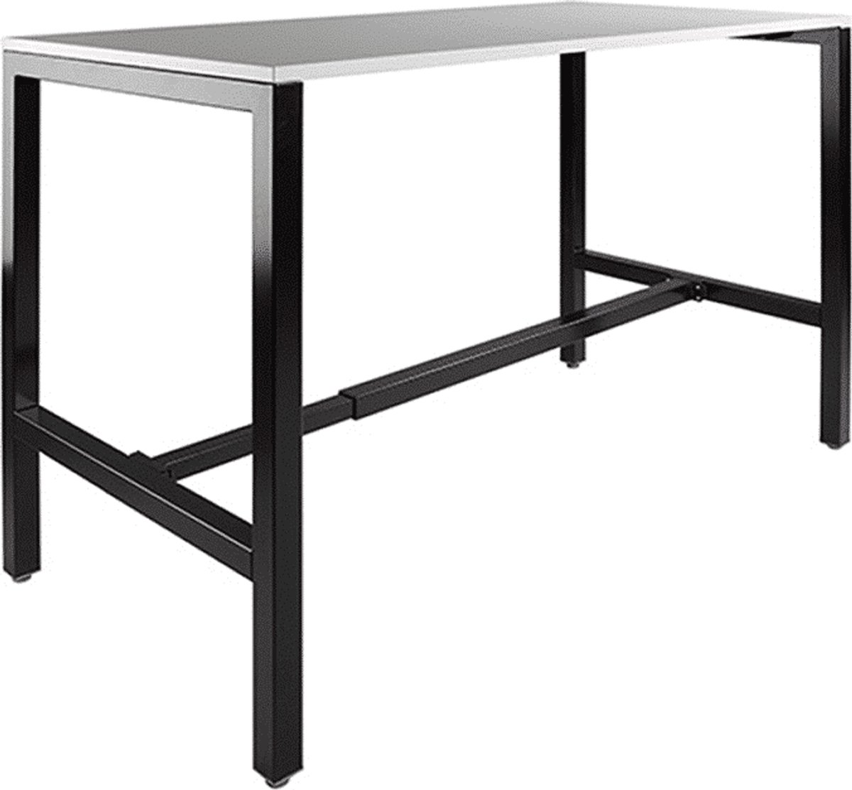 Domino Basic statafel, 160 x 80 cm., vaste hoogte 110 cm., uitgevoerd met versterkt H-onderstel met 50/50 mm. vierkante buispoten met steldoppen, onderstel staal zwart RAL 9011, blad 25 mm. melamine licht grijs