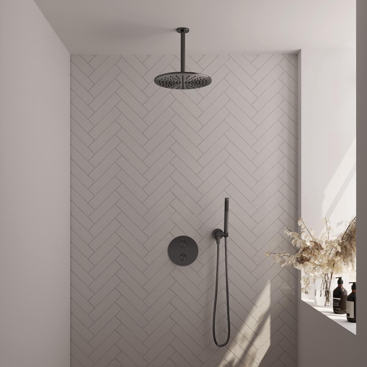 Brauer Gunmetal Carving Thermostatische Regendoucheset Inbouw - Hoofddouche 30 cm - 3 Weg - Handdouche Rond - Doucheslang - Wandaansluitbocht - Gunmetal