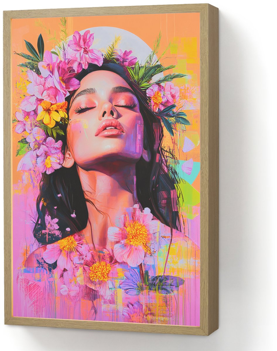 Wandlamp 40x60 cm - Oplaadbaar - Portret - Bloemenkroon - Vrouw - Wandlampen binnen woonka