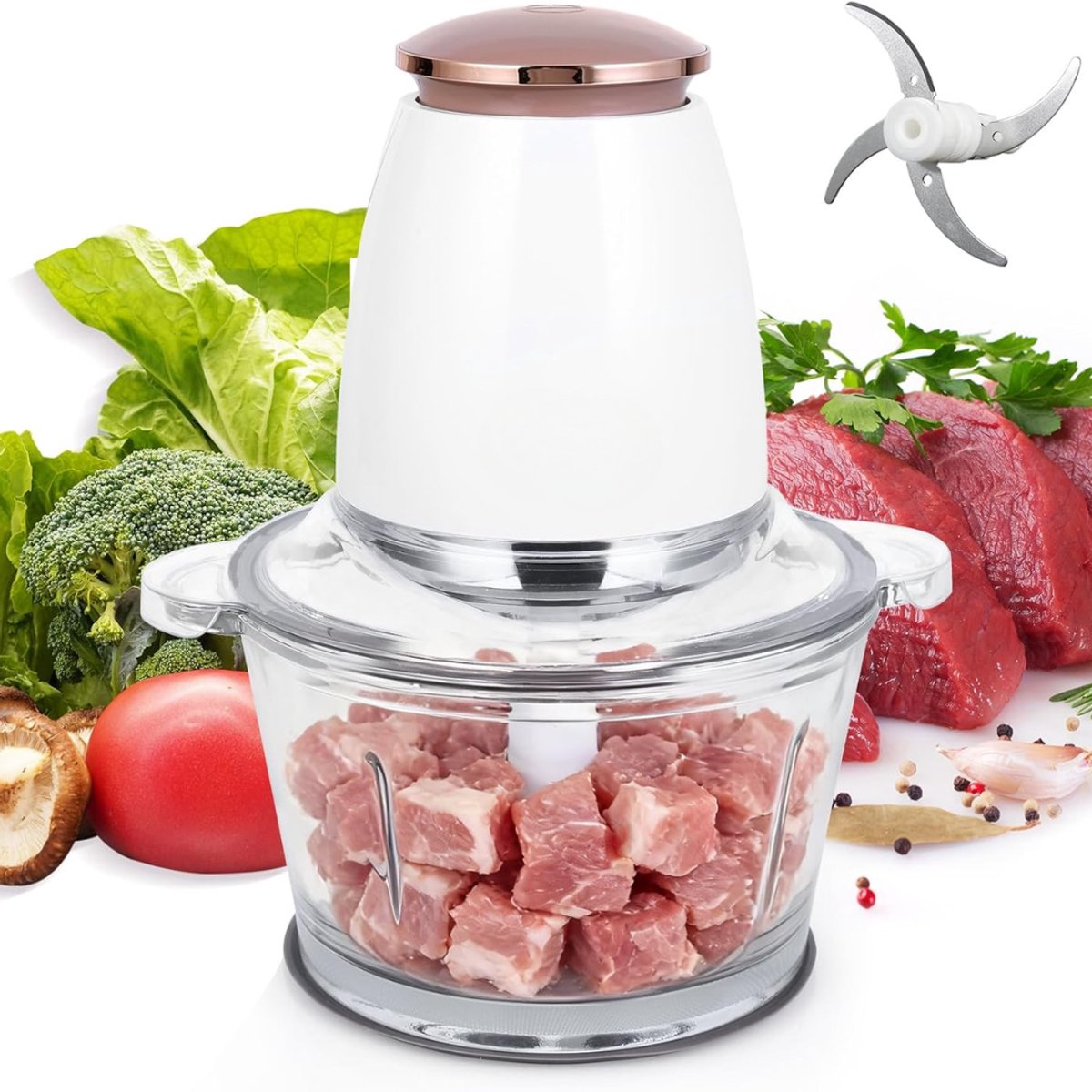 Calviero® Groentesnijder elektrisch - Uiensnijder- Hakmolen - 1500 ml - 4-vleugelig roestvrij stalen mes voor vlees, smoothie, uien, groenten, fruit