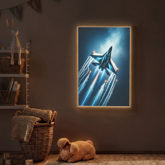 Nachtlampje 60x90 cm - Kinder lamp - Straaljager - Blauw - Jongens - Tafellamp kinderkamer draadloos - Slaapkamer lampje - Bedlamp kinderen - Kinderlampje - Wandlamp babykamer - Nachtlampjes van Merkloos — afbeelding 2