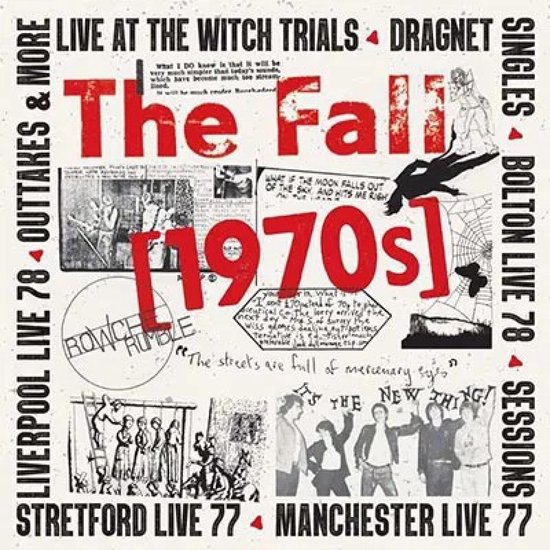 Albumhoes 'The Fall [1970s]' met rode tekst, zwart-wit foto's van bands en flyers. "LIVE AT THE WITCH TRIALS"