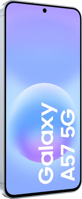 Voorkant van de Samsung Galaxy A57 5G met "Galaxy A57 5G" tekst op een paarsblauwe achtergrond.