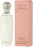 Estée Lauder Pleasures Eau de Parfum spray 50 ml in een roze verpakking met horizontale strepen.