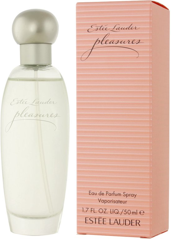 Estée Lauder Pleasures Eau de Parfum spray 50 ml in een roze verpakking met horizontale strepen.
