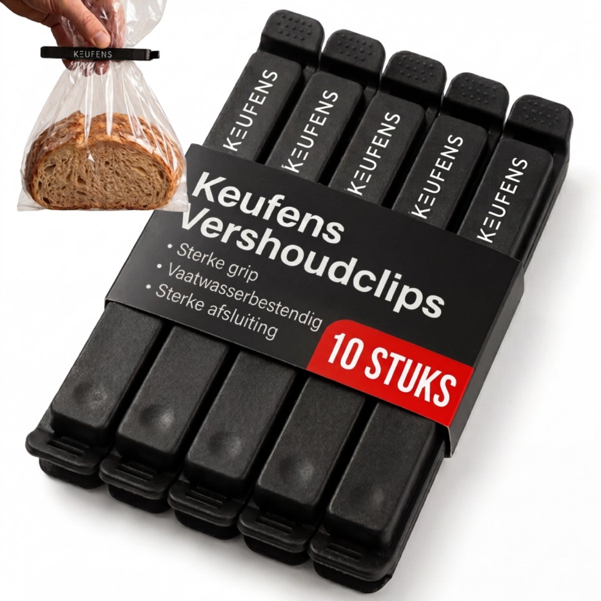 Keufens Vershoudclips 10 stuks zwart - Vaatwasser en vriezer bestendig - Afsluitclips - Vershoud knijpers - Zaksluiter - Kunststof — afbeelding 1