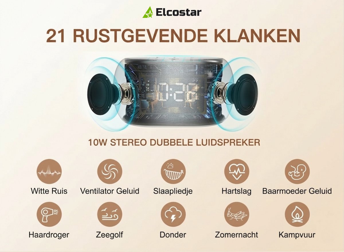 Elcostar Digitale Wekker 2.0 - Nachtlamp licht & Bluetooth Speaker - White Noise Machine met Geluiden - 21 rustgevende klanken - Voor Slaapkamer, Baby, Kinderen & Volwassenen — cadeau in Gadgets - foto 2