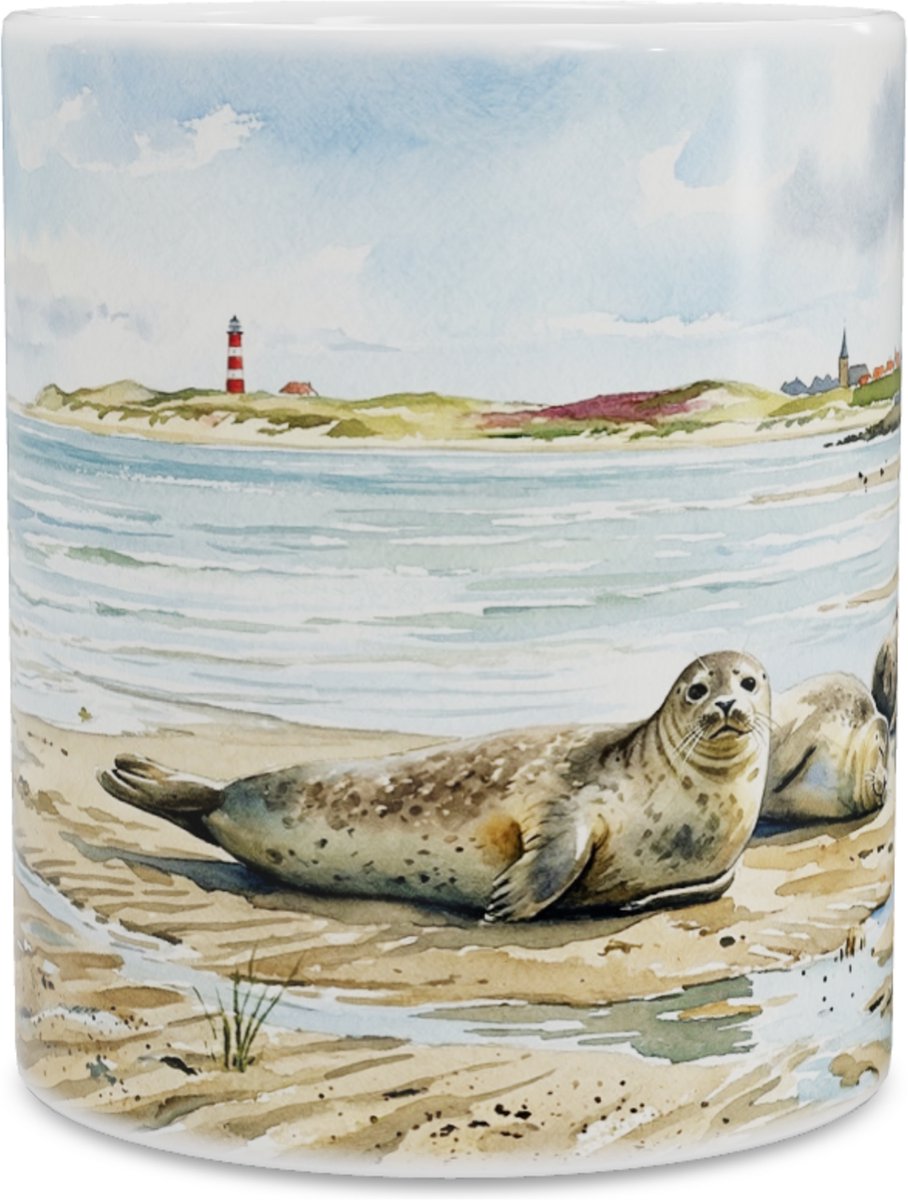 Zeehonden op het Strand "Aquarel Series" Mok - Rustgevende Kust Waddenzee Koffiemok met Zee & Vuurtoren - Unieke Theebeker voor Thuis & op het Bureau of Kantoor - Cadeau voor haar: Vrouw, Vriendin of Collega