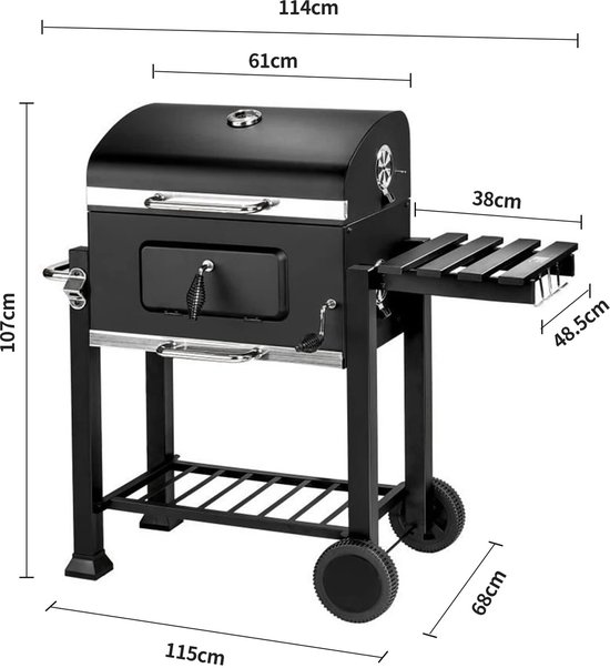 Norvia - Houtskool Barbecue - Houtskoolgrill - Met Deksel - Thermometer - Grilloppervlak 56 × 41,5 cm - Zijtafel - Aslade van Merkloos — afbeelding 2
