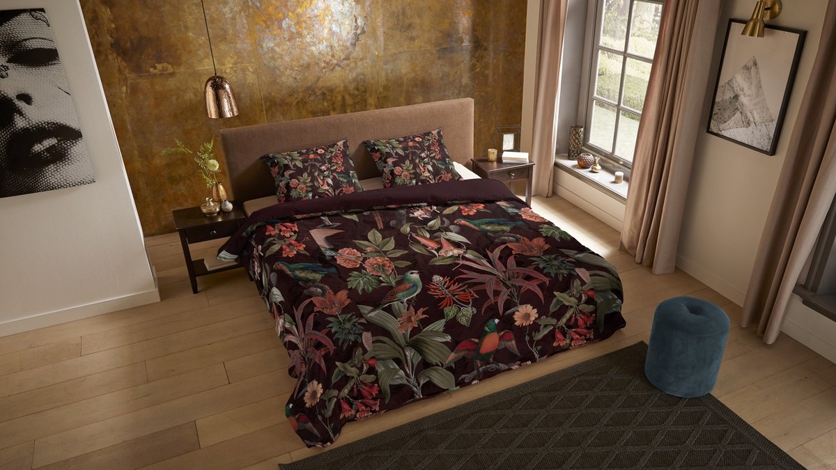 Pure dekbedovertrek jungle met bladeren en dieren - Lits jumeaux 240x200/220 cm - Bordeaux - Microvezel