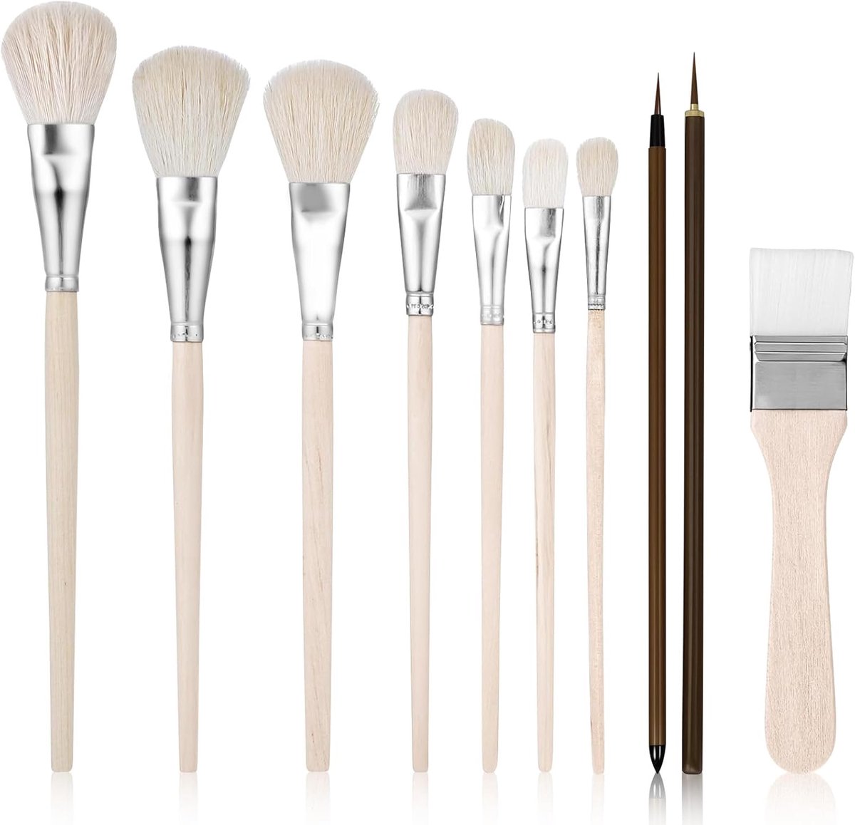 Set van 10 schilderspenselen voor acryl, olieverf en aquarel - puntig en plat