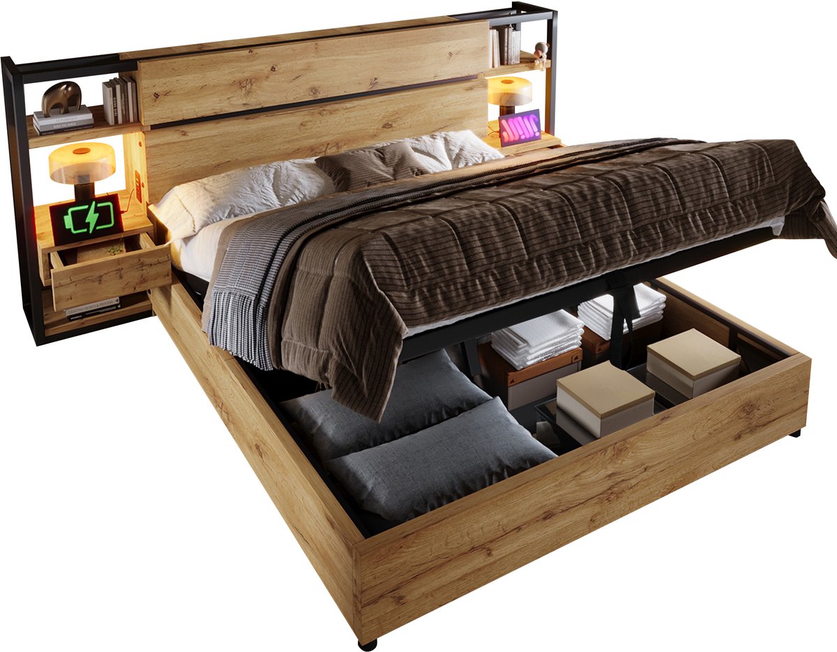 Wishdor Industrieel Bed 160x200 cm – Hydraulische Opbergruimte & Laadstation – Open Vakken & Snellader – Eiken Zwart