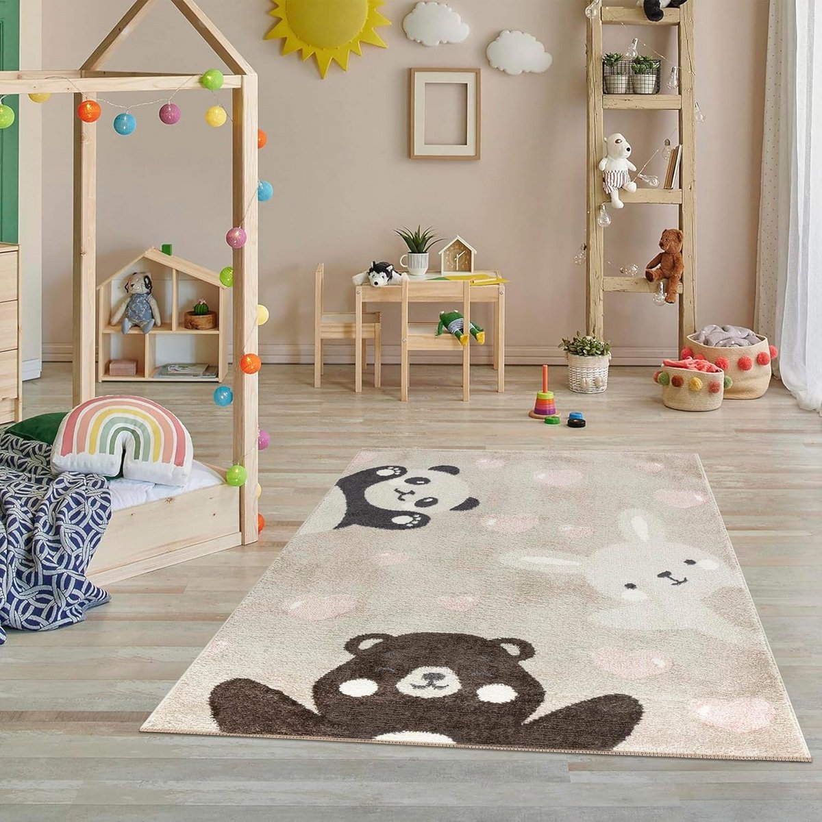 Rond Tapijt Kinderkamer met Dierenprint (Beer, Konijn, Panda) - Beige Vloerkleed 160x230 c