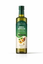 Fles Ravenza Quinoa & Abrikoos Mix azijn met groene dop, op witte achtergrond. Abrikozen en graan op etiket.