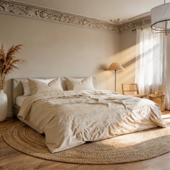 Een beige perkal dekbedovertrek met kussens op een bed in een slaapkamer, met de zon die door het raam schijnt.