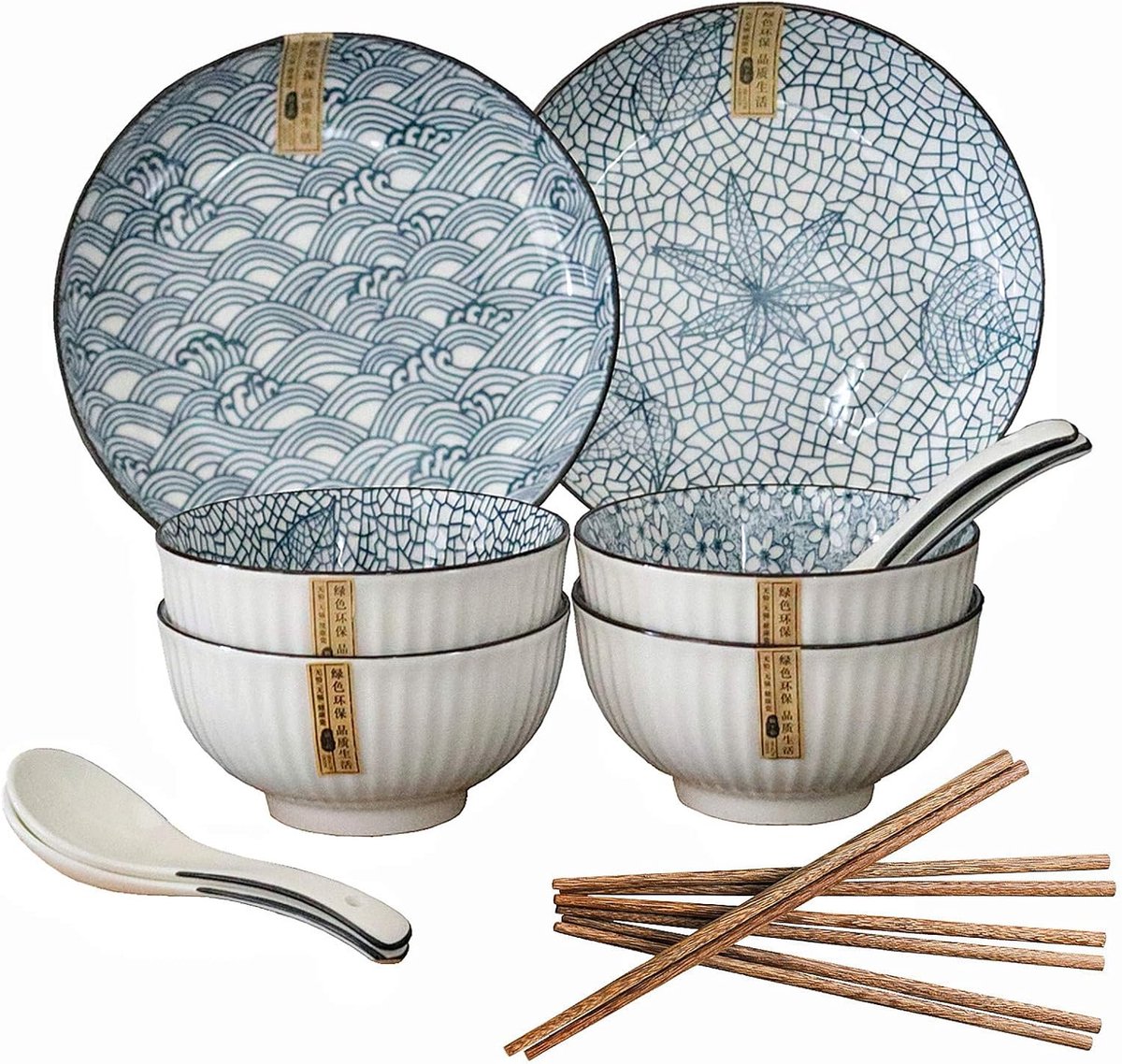 14-Delig Keramisch Servies voor 4 Personen - Borden, Kommen, Lepels en Eetstokjes - Magnetron- en Vaatwasmachinebestendig