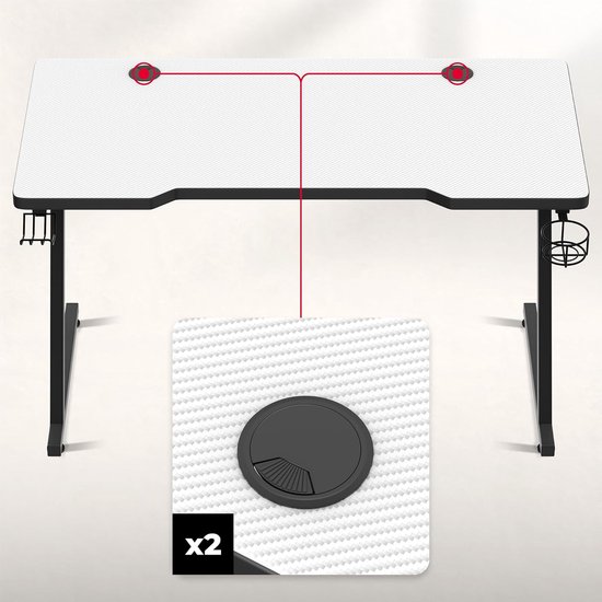 Gamingtafel 120x60 cm - Ergonomisch Bureau met Carbon Tafelblad, Hoofdtelefoonhouder en Bekerhouder - Wit — afbeelding 4