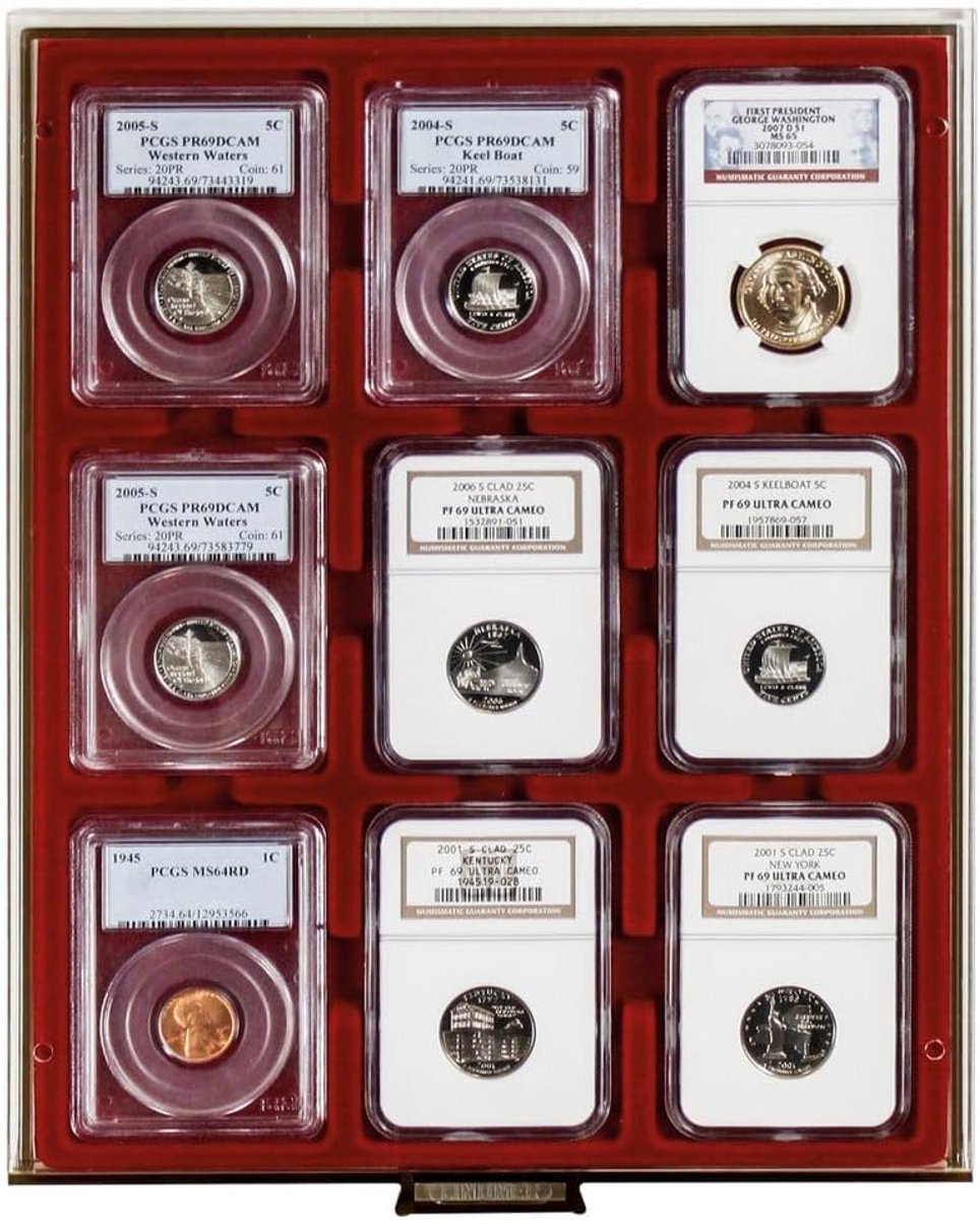 Muntcassette Rookglas voor 9 Amerikaanse Coin Capsules (Slabs)