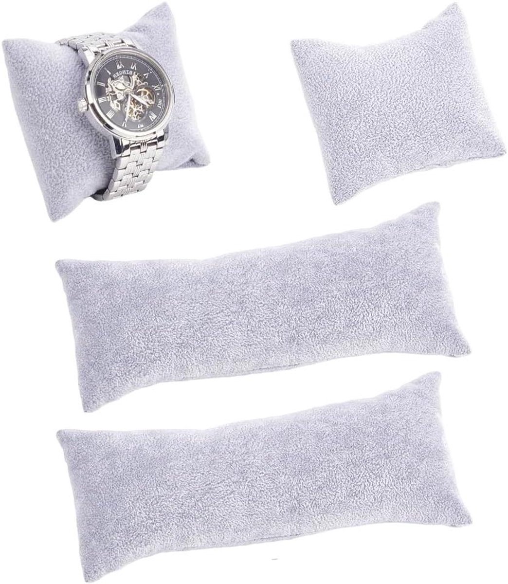 Kussenhorloges set van 4 in grijze fluwelen stof - Sieraden display kussens in 2 maten - Geschikt voor armbanden en horloges - Opbergkussen voor sieradenshow
