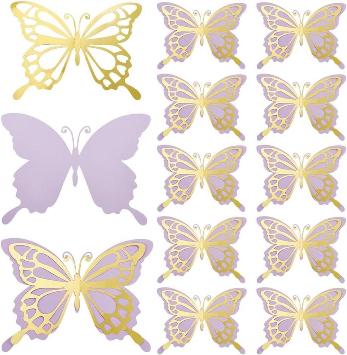 Allecto- Grote vlinderfeestdecoratie - Papieren vlinderstickers - 3D-vlinderwanddecoratie - Verjaardagsfeest - Goud en paars - Dubbele vlinderstickers - Voor kinderen - Feestdecoratie - Multikleurige vlinders.