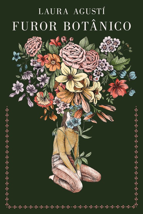Une femme en pull tricoté et jean, assise avec un grand bouquet de fleurs sur la tête. Titre : "FUROR BOTÂNICO".