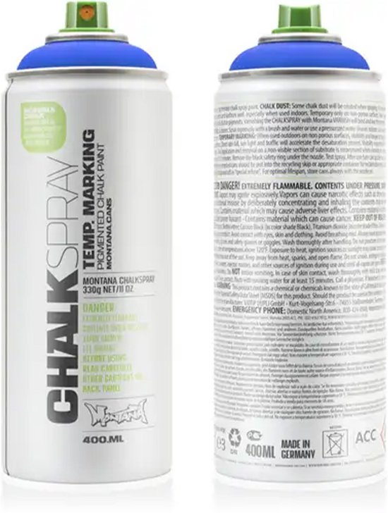 Bombe de peinture bleue Montana Chalk Spray, 400 ml. Avant et arrière montrés.