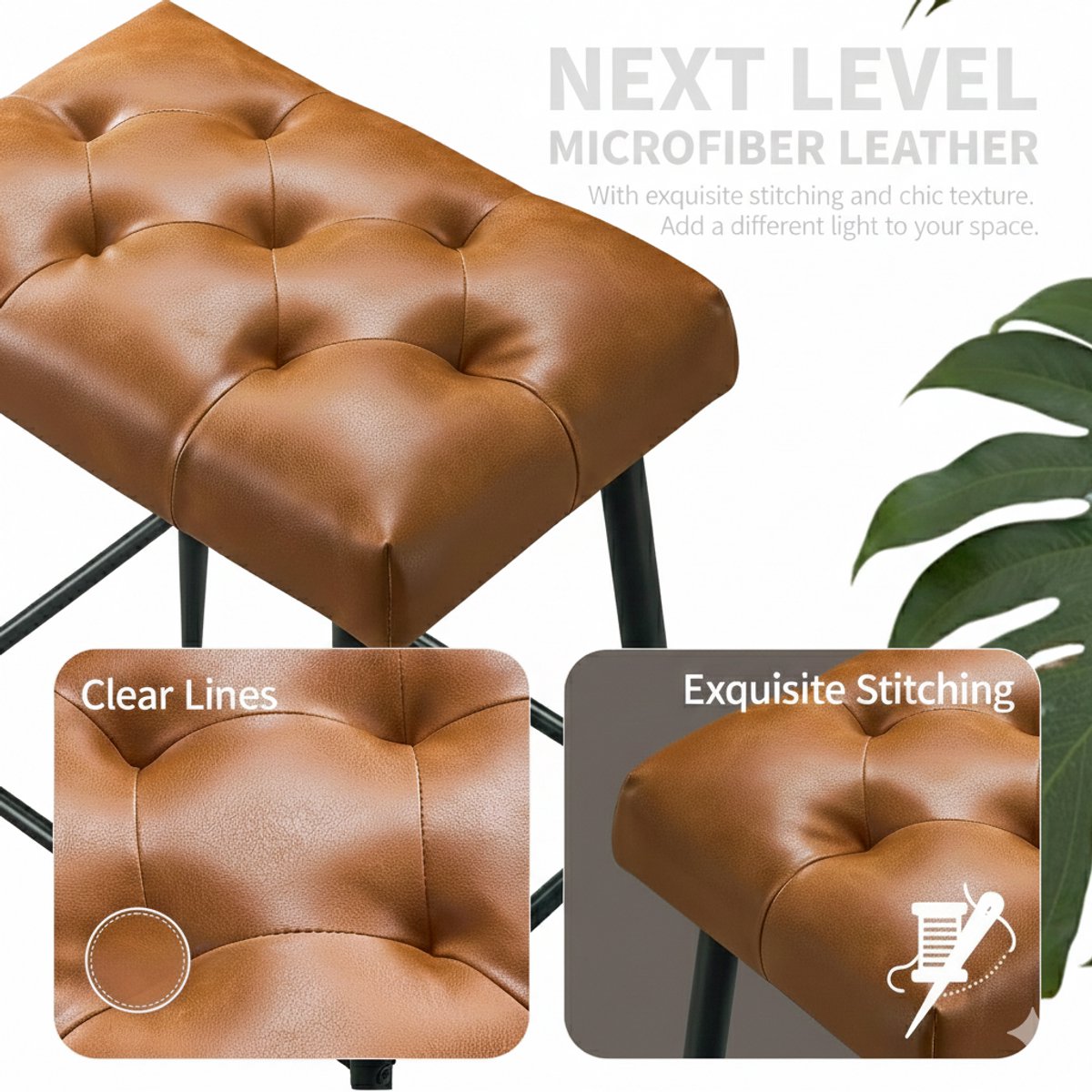 Barkruk Set van 2 – Retro Barstoelen met Microvezel Leer Zitting – Verstelbaar 62,5-65 cm – Industriële Keukenkrukken met Voetensteun – Bruin Getuft – House&Garden Vintage Loft