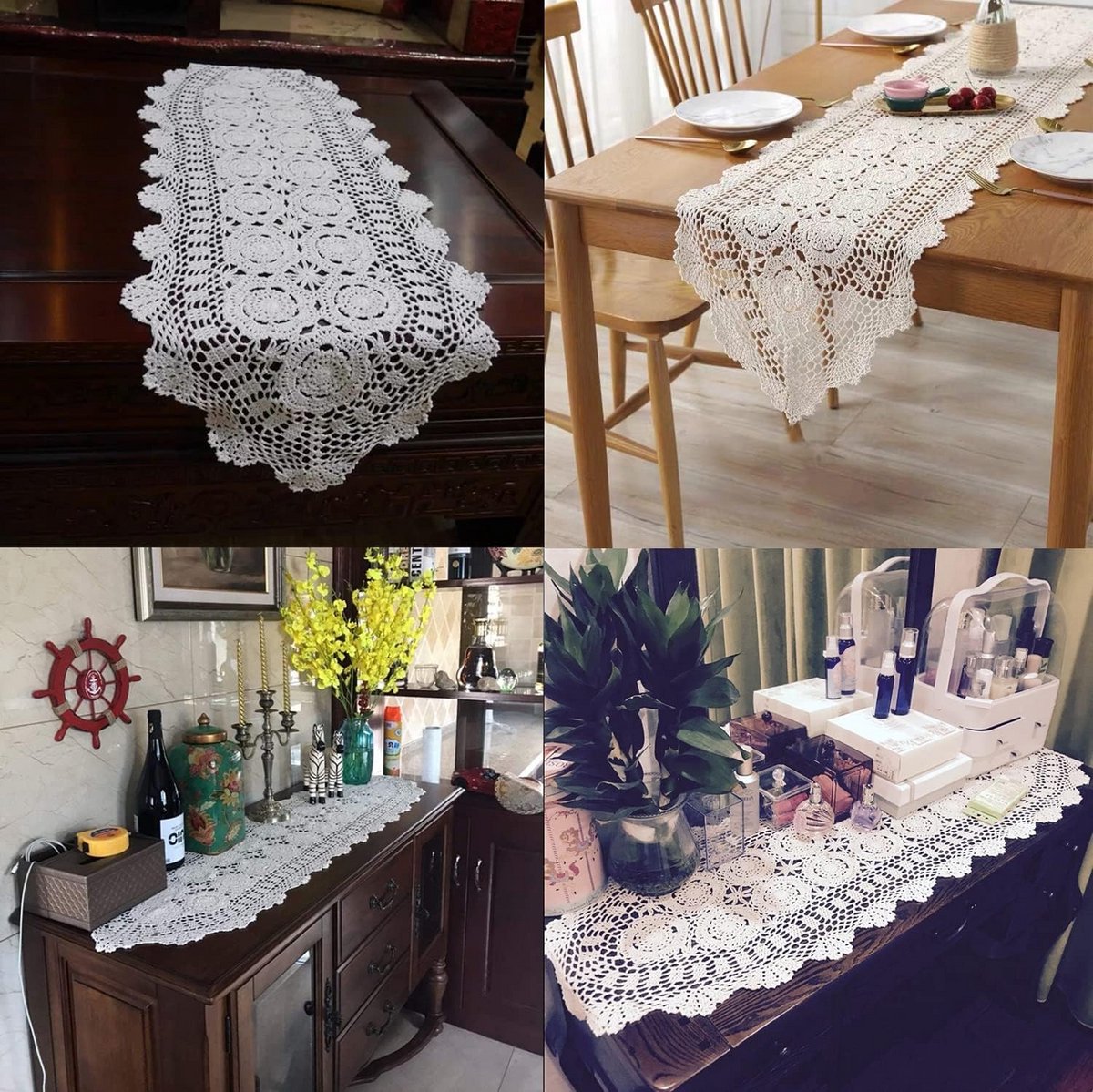 Ovale Handgemaakte Gehaakte Tafelloper Kant Kleed Beige 40x160 cm