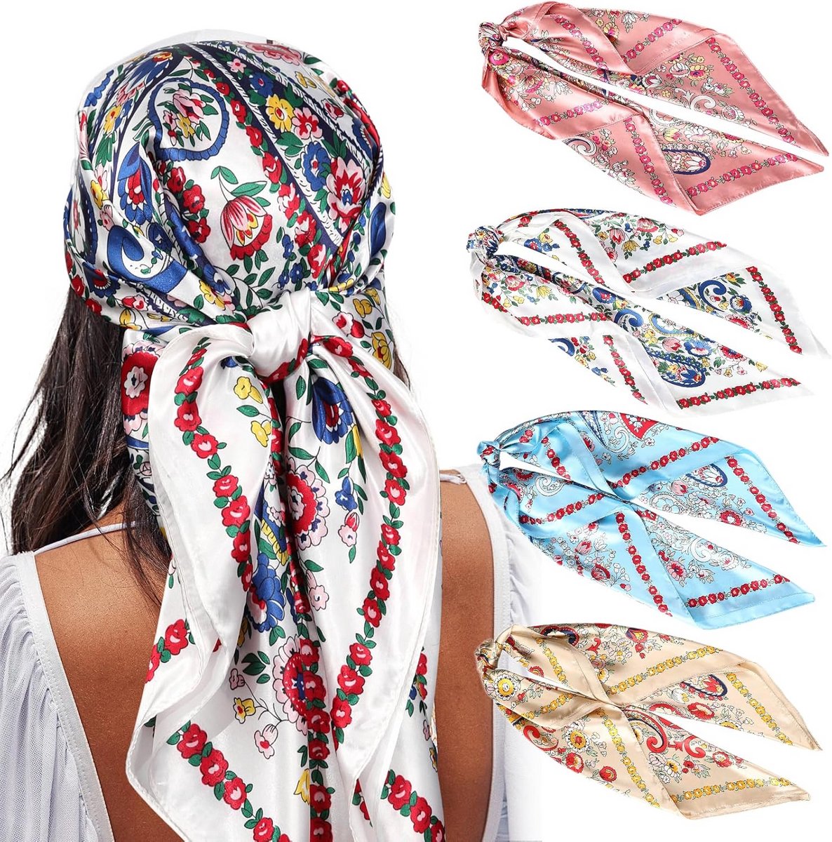 Hoofddoek van satijn, grote vierkante neksjaal, haarsjaal, 4 stuks