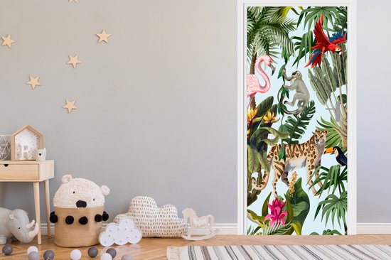 Sticker de porte Jungle - Animaux - Filles - Enfants - Garçons - Flamingo - Perroquet - 80x205 cm - Poster de porte