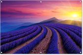 Tuinposter - Tuindoek - Tuinposters buiten - De zon gaat prachtig onder in de lavendelvelden gevestigd in de bergen - 120x80 cm - Tuin