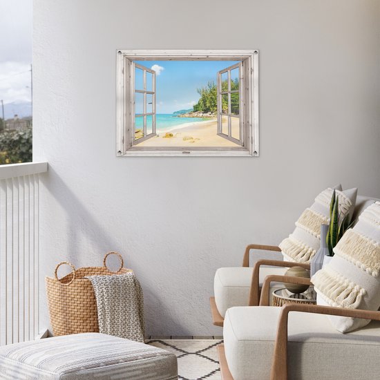 Tuinposter 80x60 cm - Tuindecoratie Doorkijk - Strand - Zand - Poster voor in de tuin - Buiten decoratie - Schutting tuinschilderij - Tuindoek muurdecoratie - Wanddecoratie balkondoek