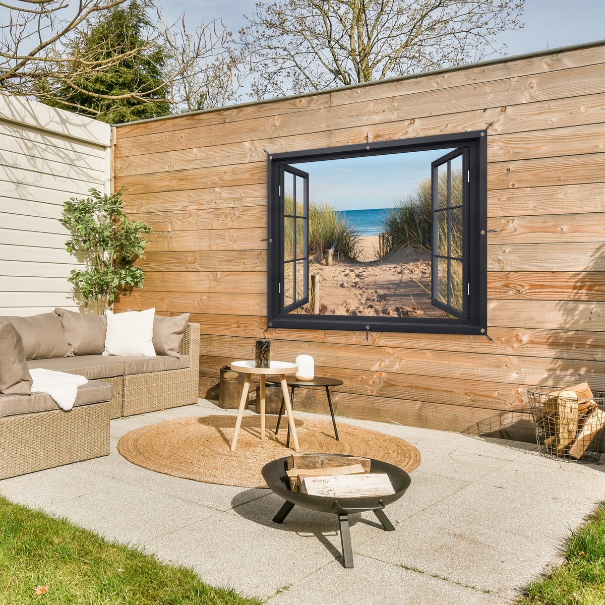 Affiche de jardin fenêtre - Vue à travers - Plage - Mer - Dunes - Plantes -  Décoration