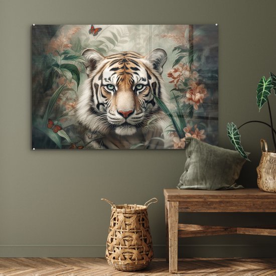 Peinture sur verre - Tigre - Fleurs - Blinder - Animaux - Nature - Plaque de verre - Photo sur verre - Peintures sur verre salon - Peinture sur verre - 120x80 cm - Décoration murale - Décoration murale - Chambre - Décoration de chambre