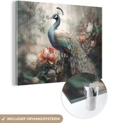 MuchoWow® Glasschilderij 120x90 cm - Schilderij acrylglas - Pauw - Pauwenveren - Vogel - Jungle - Bloemen - Foto op glas - Muurdecoratie woonkamer - Wanddecoratie slaapkamer - Schilderijen