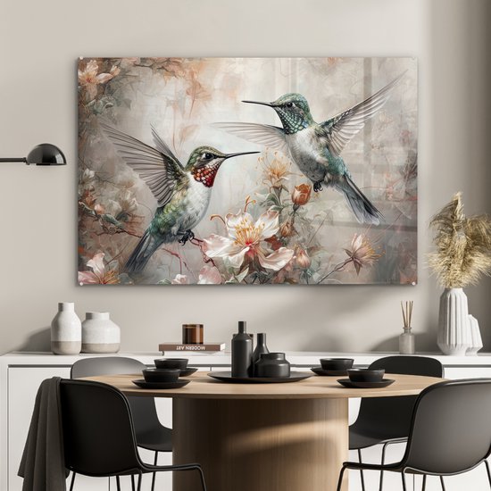 MuchoWow® Glasschilderij 120x80 cm - Schilderij acrylglas - Kolibrie - Vogels - Bloemen - Planten - Foto op glas - Muurdecoratie woonkamer - Wanddecoratie slaapkamer - Schilderijen