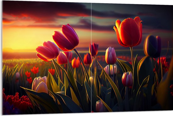 Acrylglas - Kleurrijke Tulpen in Bloemenveld - 120x80 cm Foto op Acrylglas (Met Ophangsysteem)