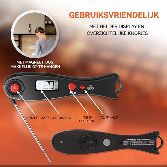 Mancor Vleesthermometer BBQ Thermometer Digitaal Keukenthermometer Accessoires Voedselthermometer Kernthermometer Kerntemperatuurmeter Kookthermometer Frituurthermometer Suikerthermometer Cadeau - Inklapbaar