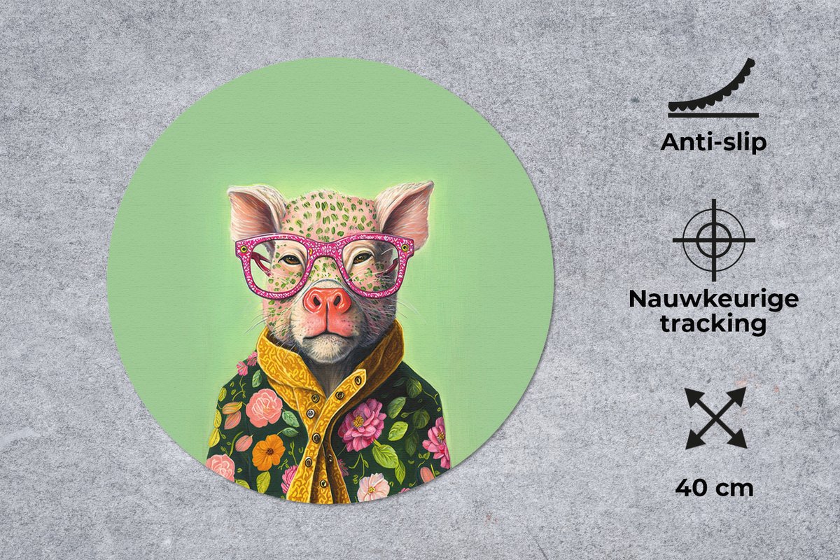 Muismat rond 40x40 cm - Mousepad Bril - Roze - Varken - Bloemen - Dier - Ronde muismatten