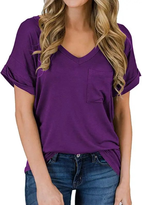 ASTRADAVI Casual Wear - T- Shirts à col en V pour femmes avec poche poitrine - Manches retroussées Trendy - Violet/Petit