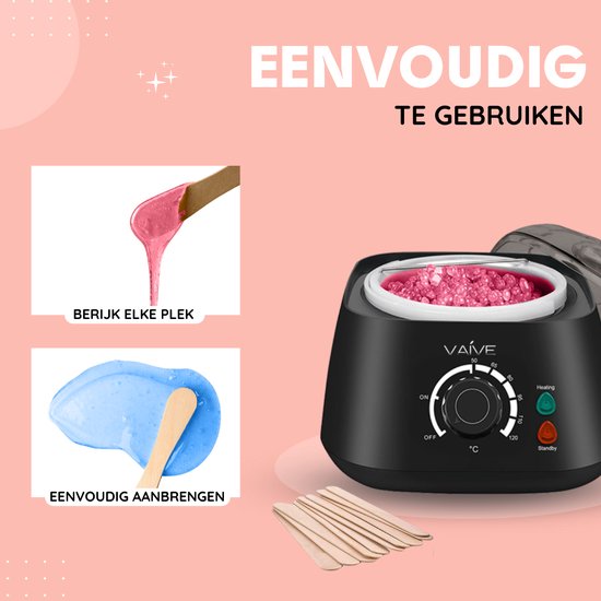 Zwarte waxverwarmer met roze en blauwe gesmolten wax op spatels, met houten spatels.