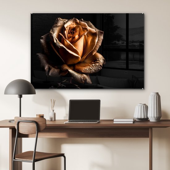 MuchoWow® Peinture sur verre - Rose - Or - Fleurs - Botanique Zwart - 90x60 cm - Peintures sur verre acrylique - Photo sur Glas