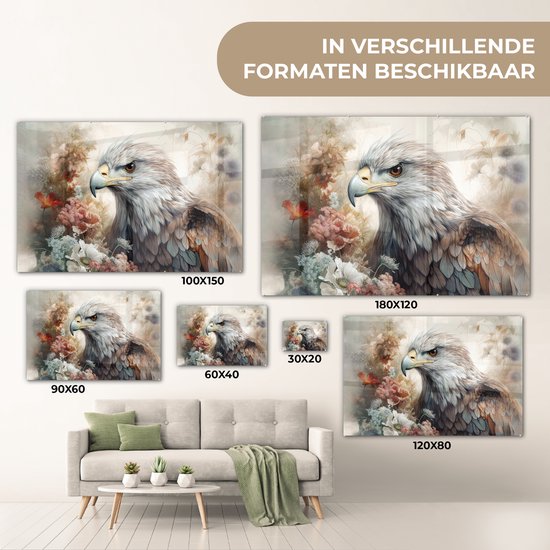 MuchoWow® Glasschilderij 60x40 cm - Schilderij acrylglas - Arend - Adelaar - Vogel - Bloemen - Natuur - Foto op glas - Schilderijen