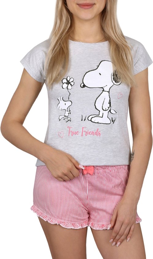 Snoopy Peanuts - Grijs Roze Meisjes Pyjama met korte mouwen, Gestreepte zomerpyjama / 158