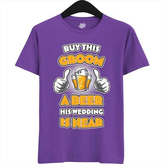 Buy This Groom A Beer | Vrijgezellenfeest Cadeau Man - Groom To Be Bachelor Party - Grappig Bruiloft En Bruidegom Bier shirt - T-Shirt - Unisex - Dark Purple - Maat S