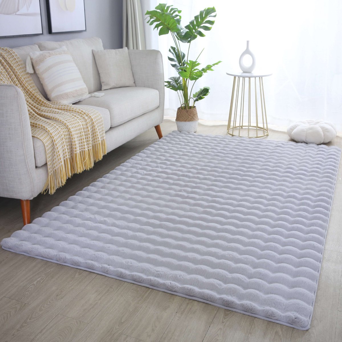 flycarpets Felicia Hoogpolig Fluffy 3D Design Vloerkleed - Zilver - 120x170 cm