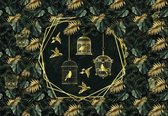Fotobehang - Vlies Behang - Gouden Volgens en Gouden Jungle Bladeren - 312 x 219 cm